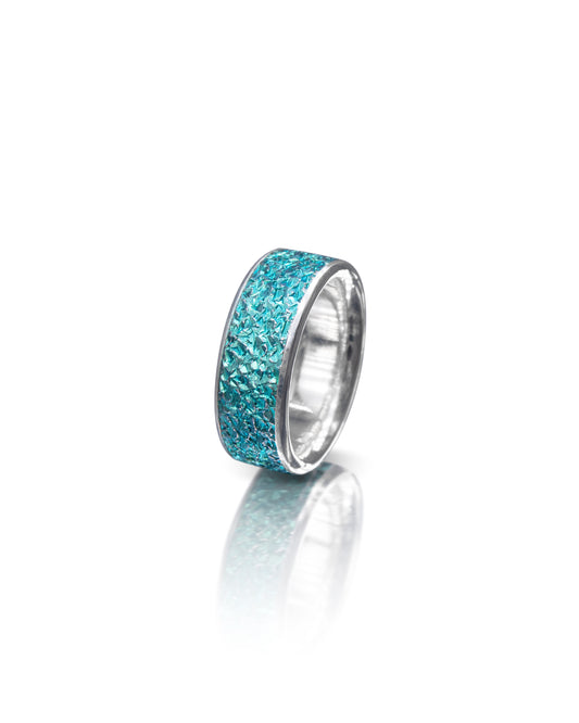 Silver and Teal Green Niobium Crystal Texture Ring - Wide