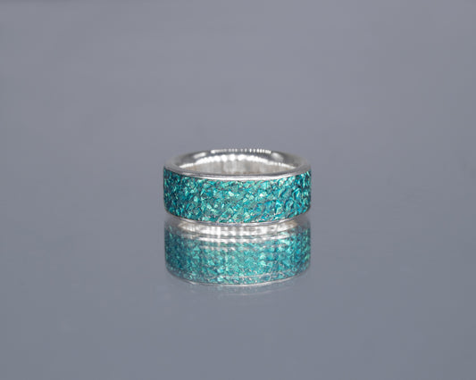 Silver and Teal Green Niobium Crystal Texture Ring - Wide